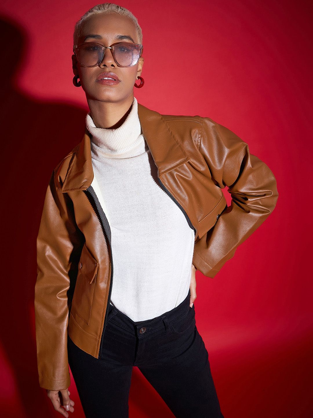 SASSAFRAS Brown Spread Collar Biker Jacket