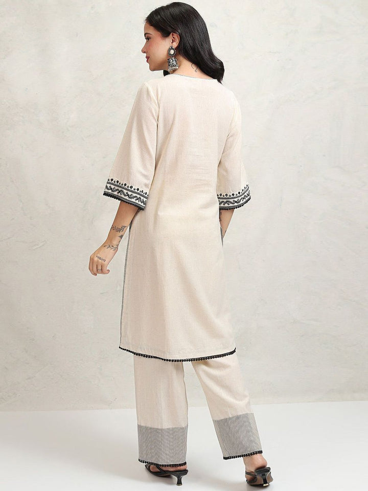 Vishudh Beige Floral Yoke Design Thread Work Regular Pure Cotton Kurta with Trouser