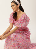 Antheaa Pink Floral Printed Fit and Flare Dress