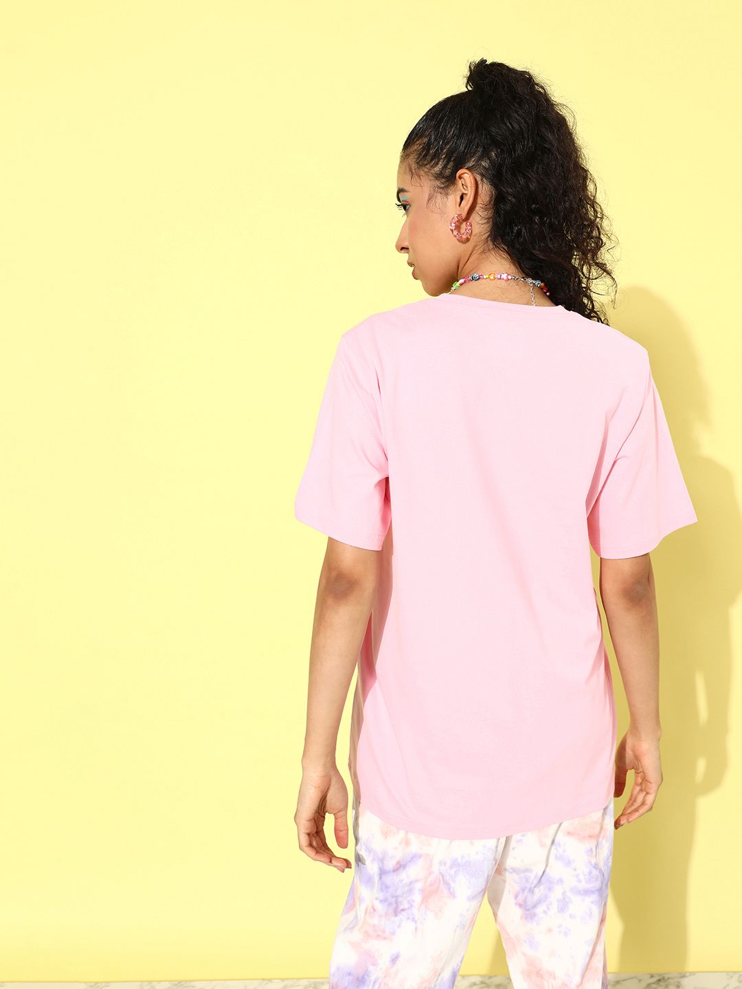 DILLINGER Pink & Black Printed Oversized Pure Cotton Longline T-shirt