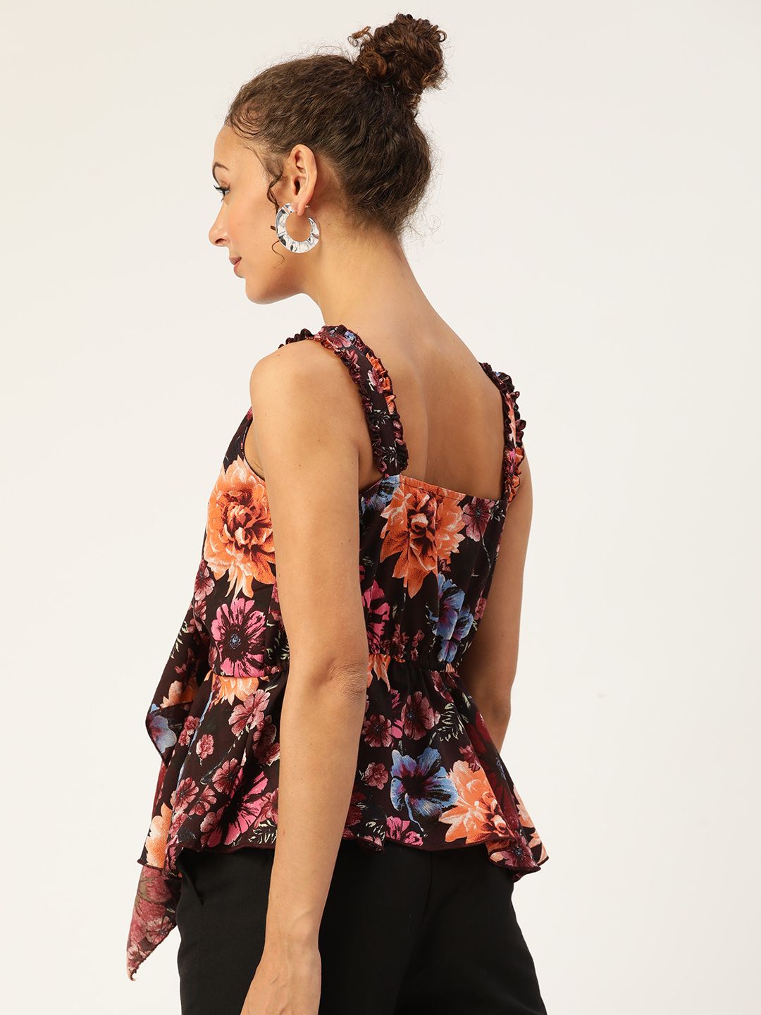Antheaa Rust & Peach-Coloured Floral Print Ruffles Peplum Top
