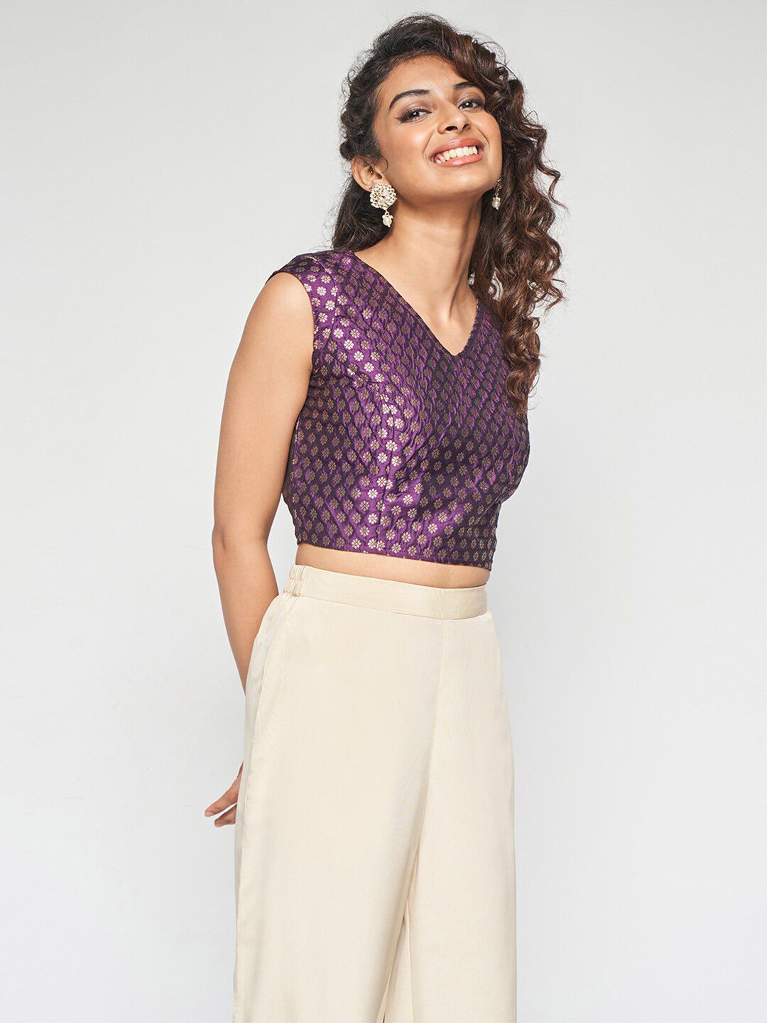 Global Desi Geometric Printed V-Neck Sleeveless Top