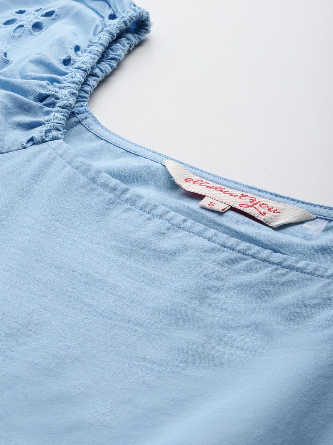 all about you Cotton Schiffli Embroidered Detail Puff Sleeves A-Line Dress