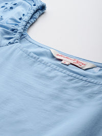 all about you Cotton Schiffli Embroidered Detail Puff Sleeves A-Line Dress