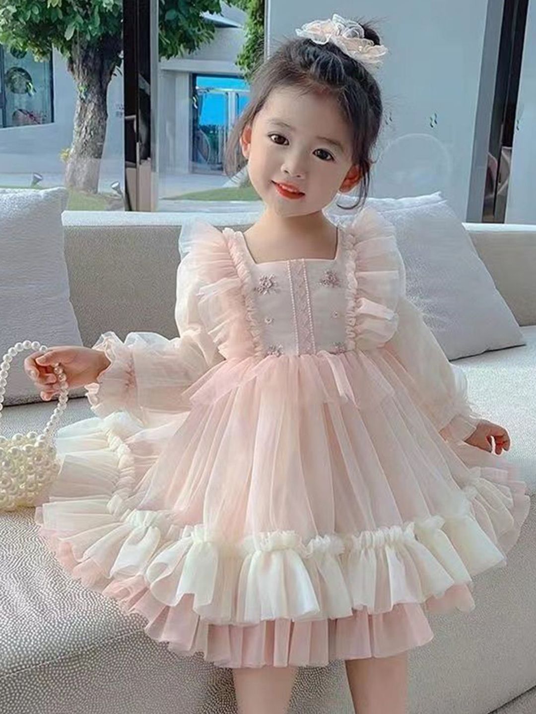 YK Kids-Girls Self Design Square Neck Fit and Flare Dress