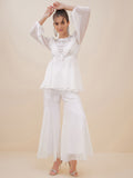 Antheaa Off White Self Design Embellished Puffed Sleeves Top With Palazzos