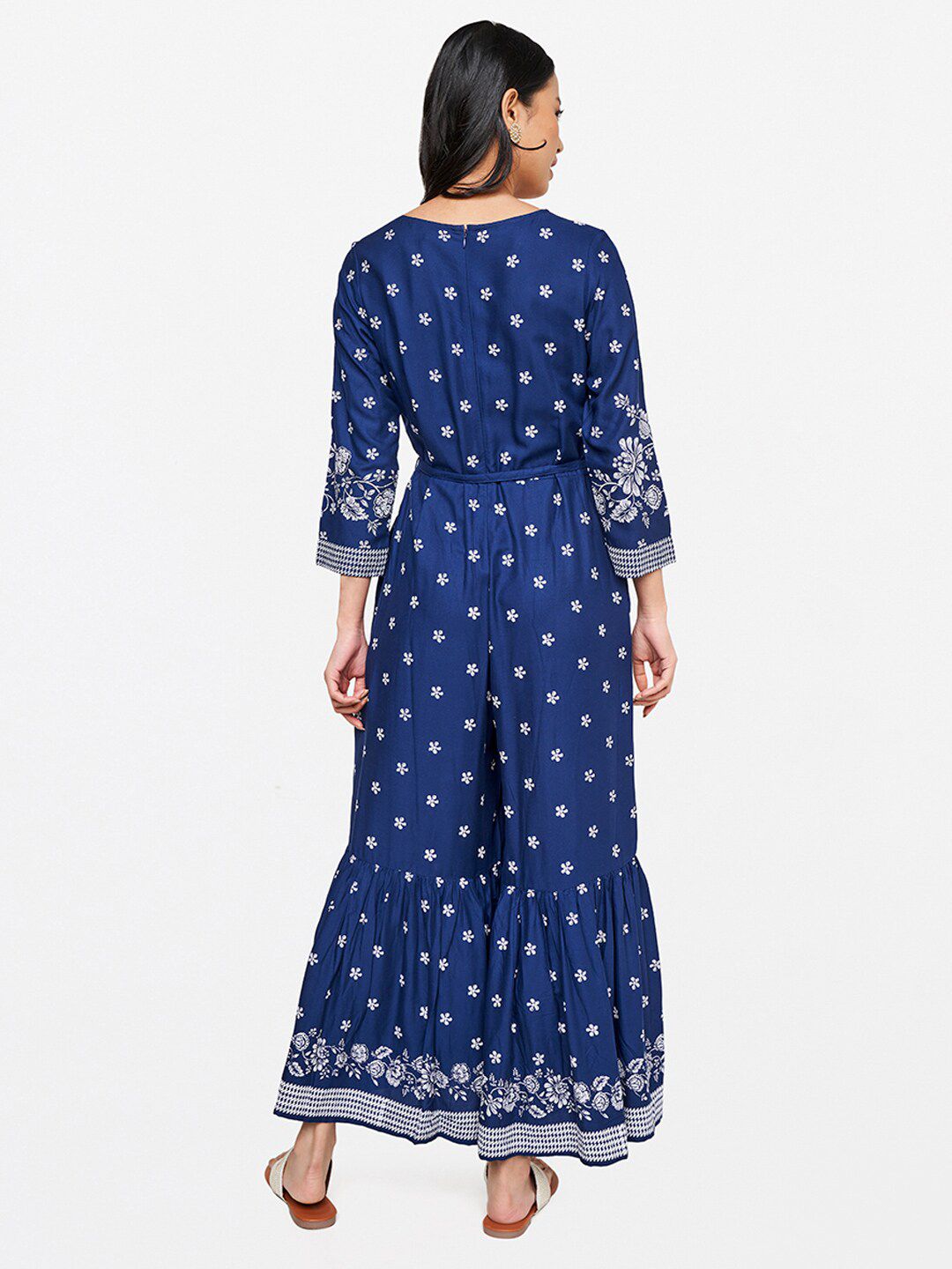 Global Desi Blue & White Printed Basic Jumpsuit