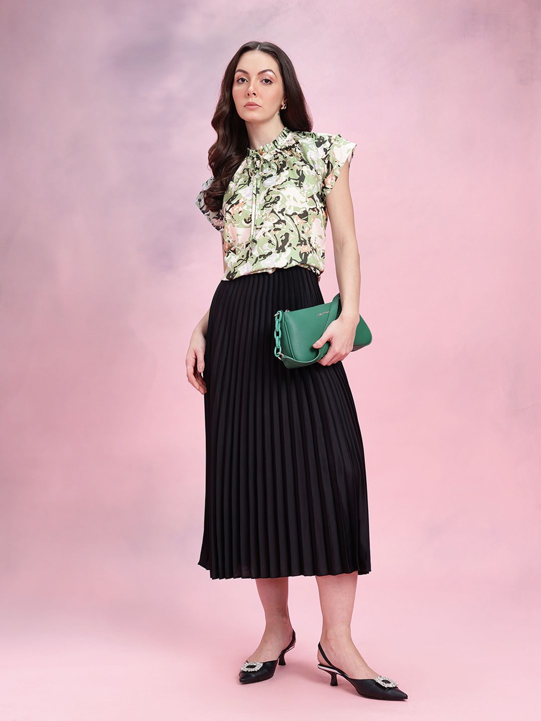 DressBerry Abstract Print Tie-Up Neck Flutter Sleeves Top with Ruffled Detail