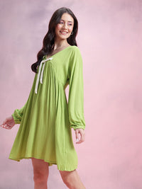 DressBerry Plisse Effect Bow-Detail V-Neck Extended Sleeves A-Line Dress