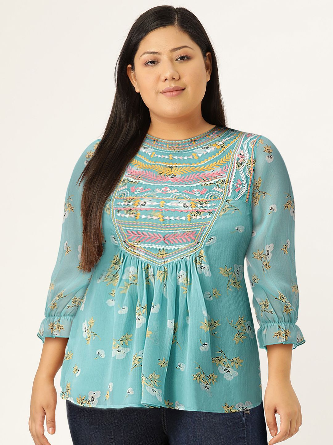 Antheaa Women Blue & Yellow Floral Print A-Line Top