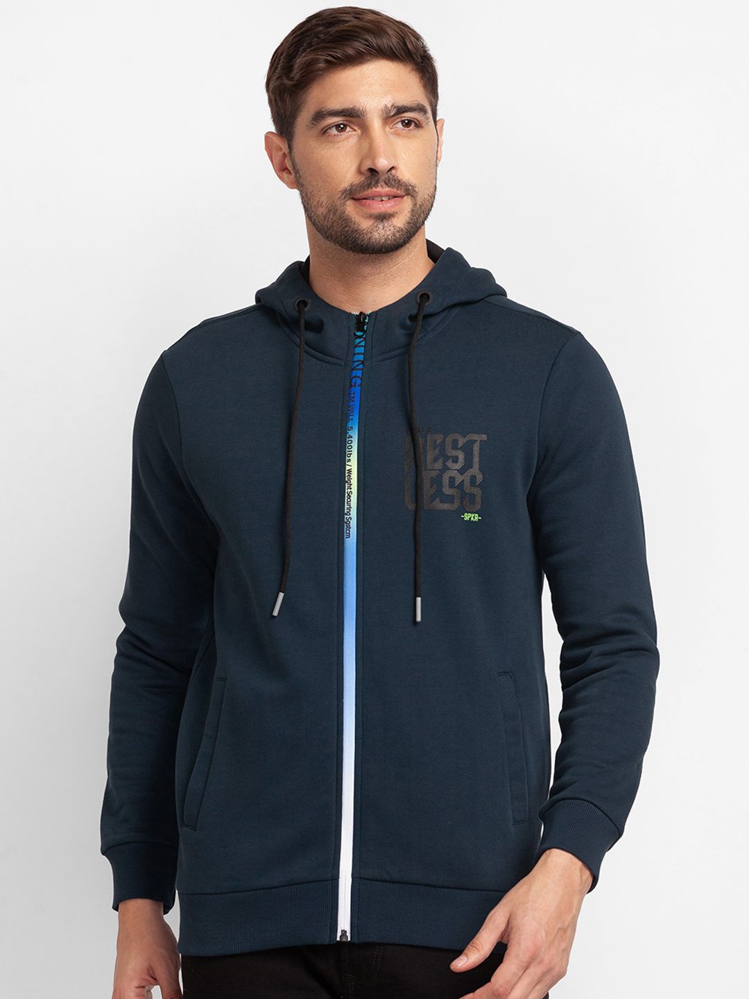 SPYKAR Typography Printed Hooded Front-Open Sweatshirt