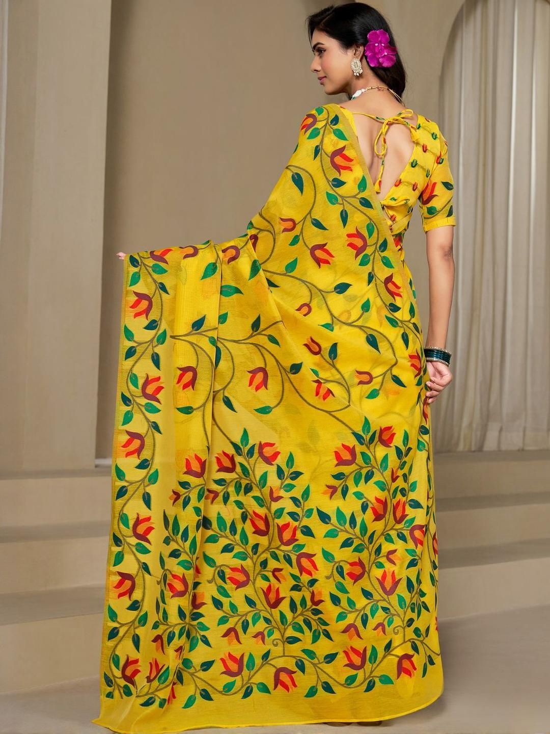 KALINI Yellow Pure Cotton Woven Design Sarees