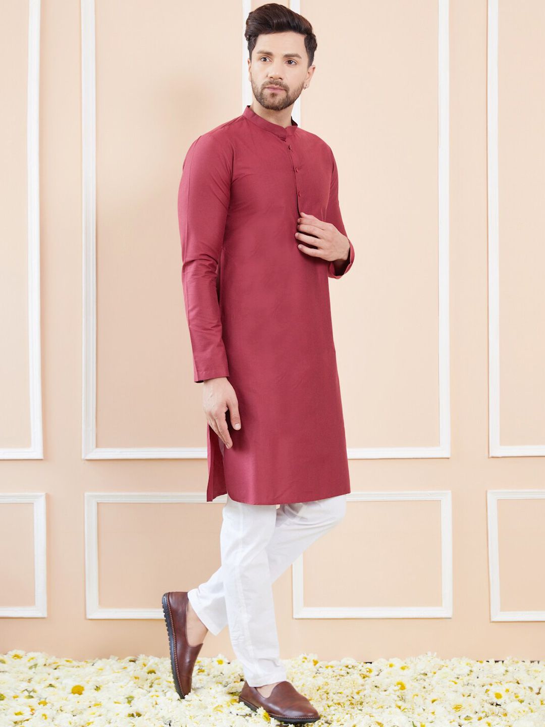 See Designs Mandarin Collar Long Sleeves Thread Work Cotton Kurta