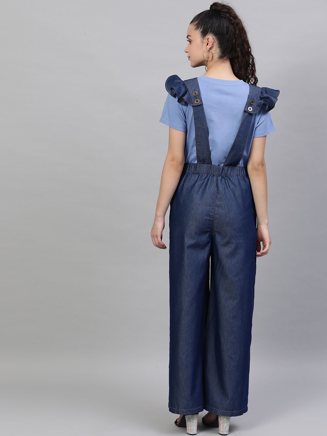 STREET 9 Women Blue Solid Denim Front Open Jumpsuit