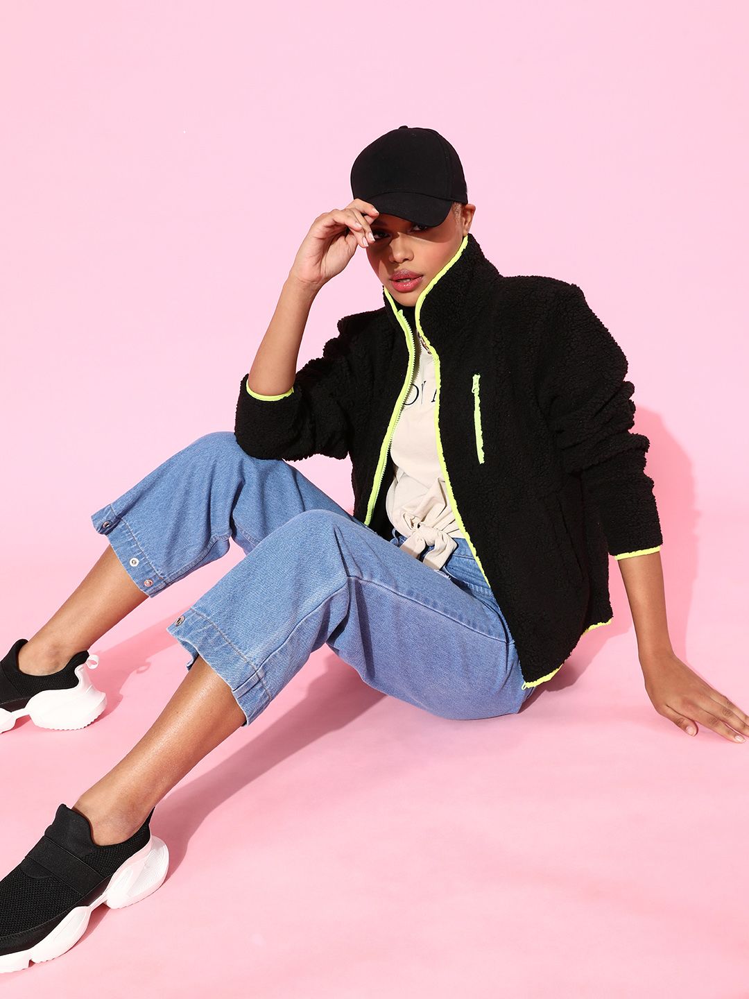 SASSAFRAS Women Stylish Black Solid Faux Fur Jacket