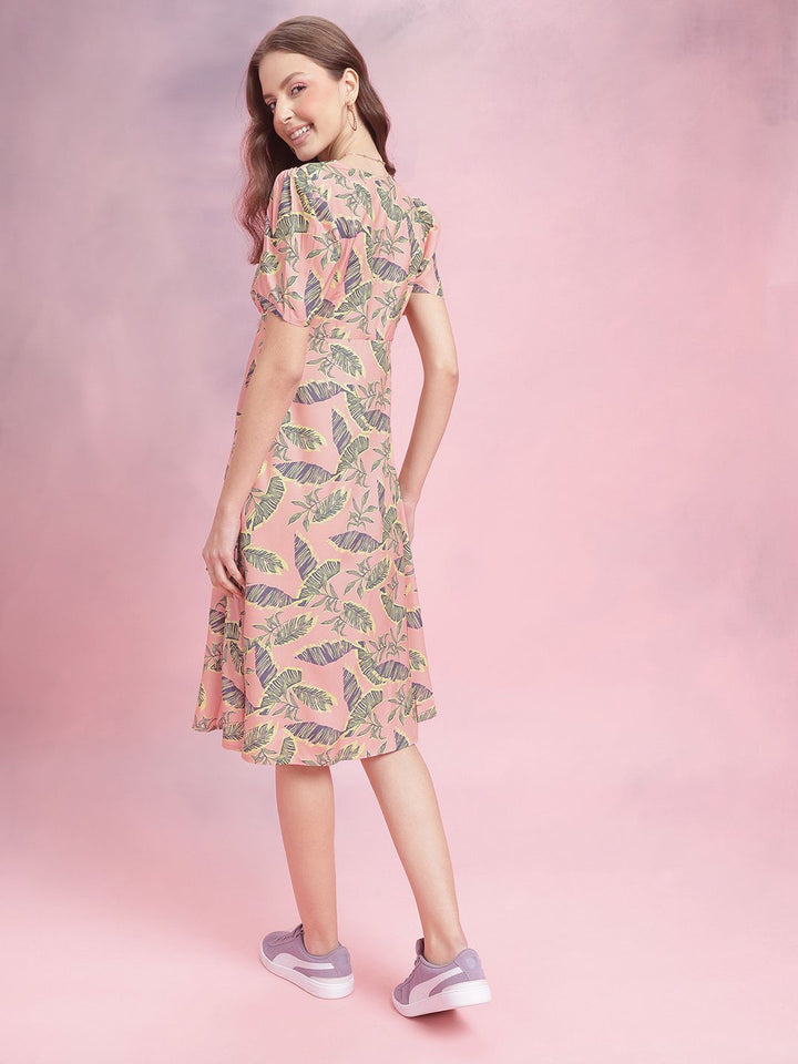 DressBerry Tropical Print Puff Sleeve Empire Midi Dress