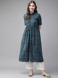 Anouk Women Navy Blue Printed A-Line Kurta with Gathered Detail