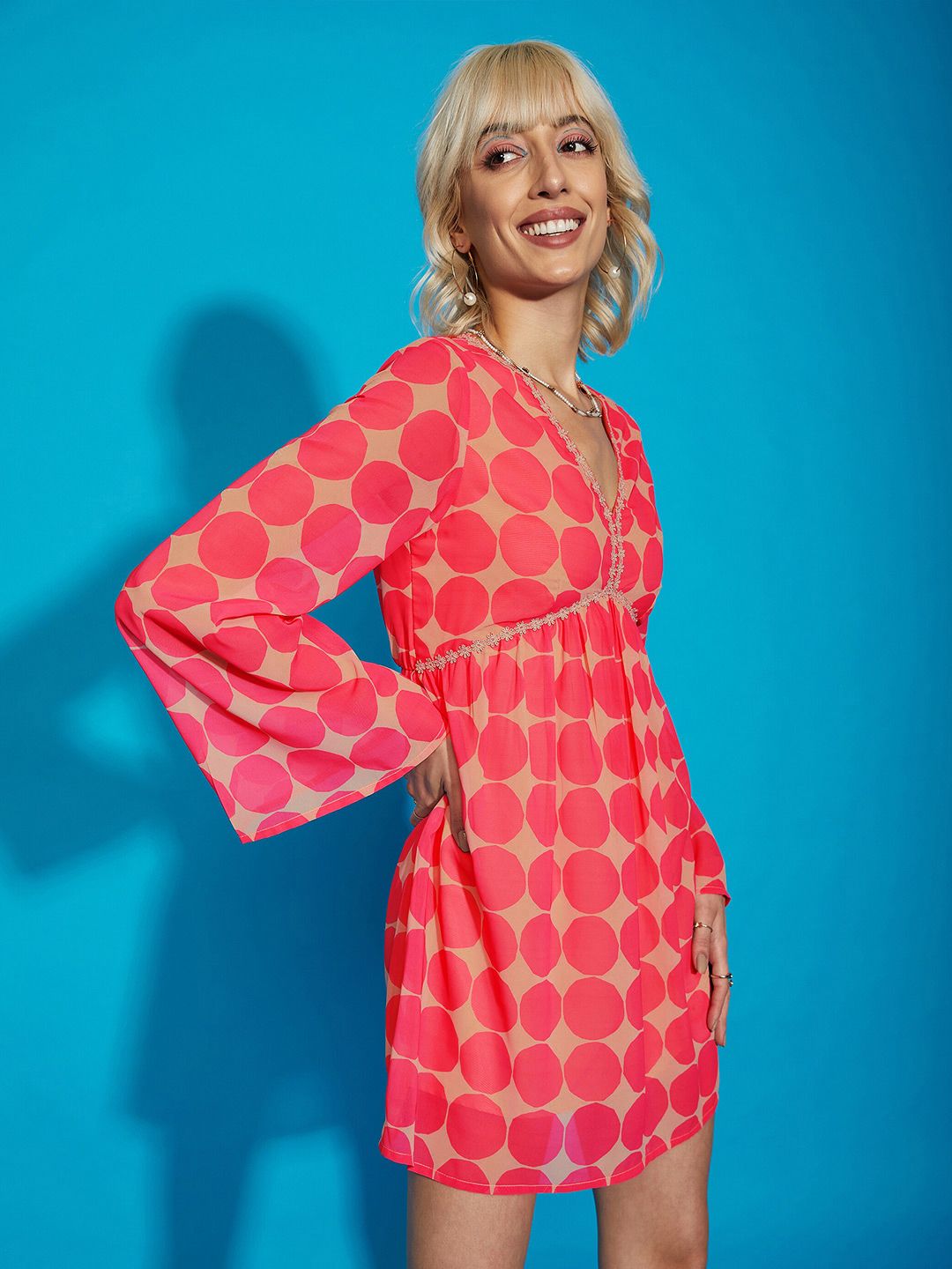 SASSAFRAS Pink Printed Georgette A-line Mini Dress