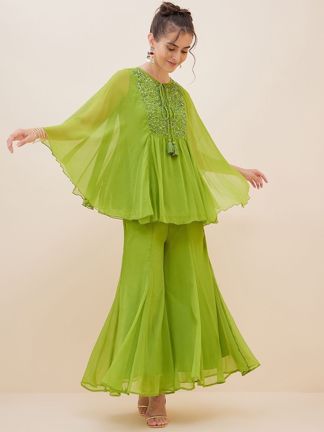 Antheaa Tie-Up Neck Extended Sleeves Beads and Stones Kaftan Top With Palazzos