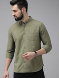 THE BEAR HOUSE Men Olive Green Solid Slim Fit Cotton Casual Shirt