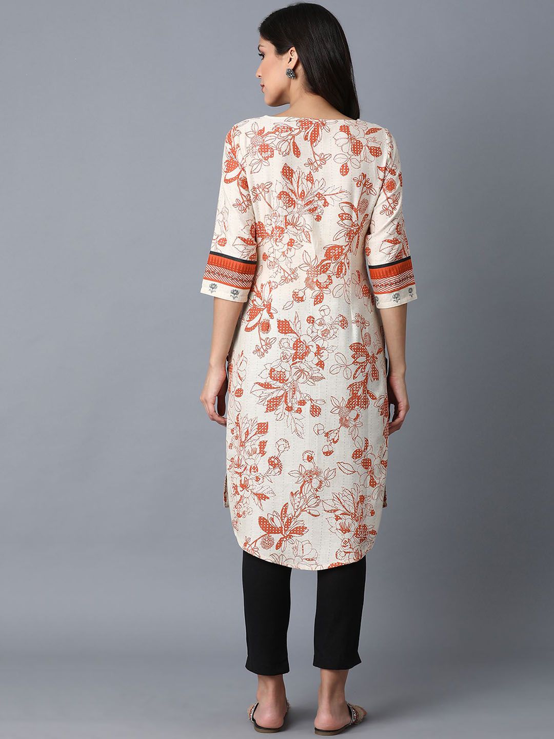 W Women Beige Floral Printed Thread Work Kurta