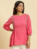 W Round Neck Embroidered Pure Cotton Top