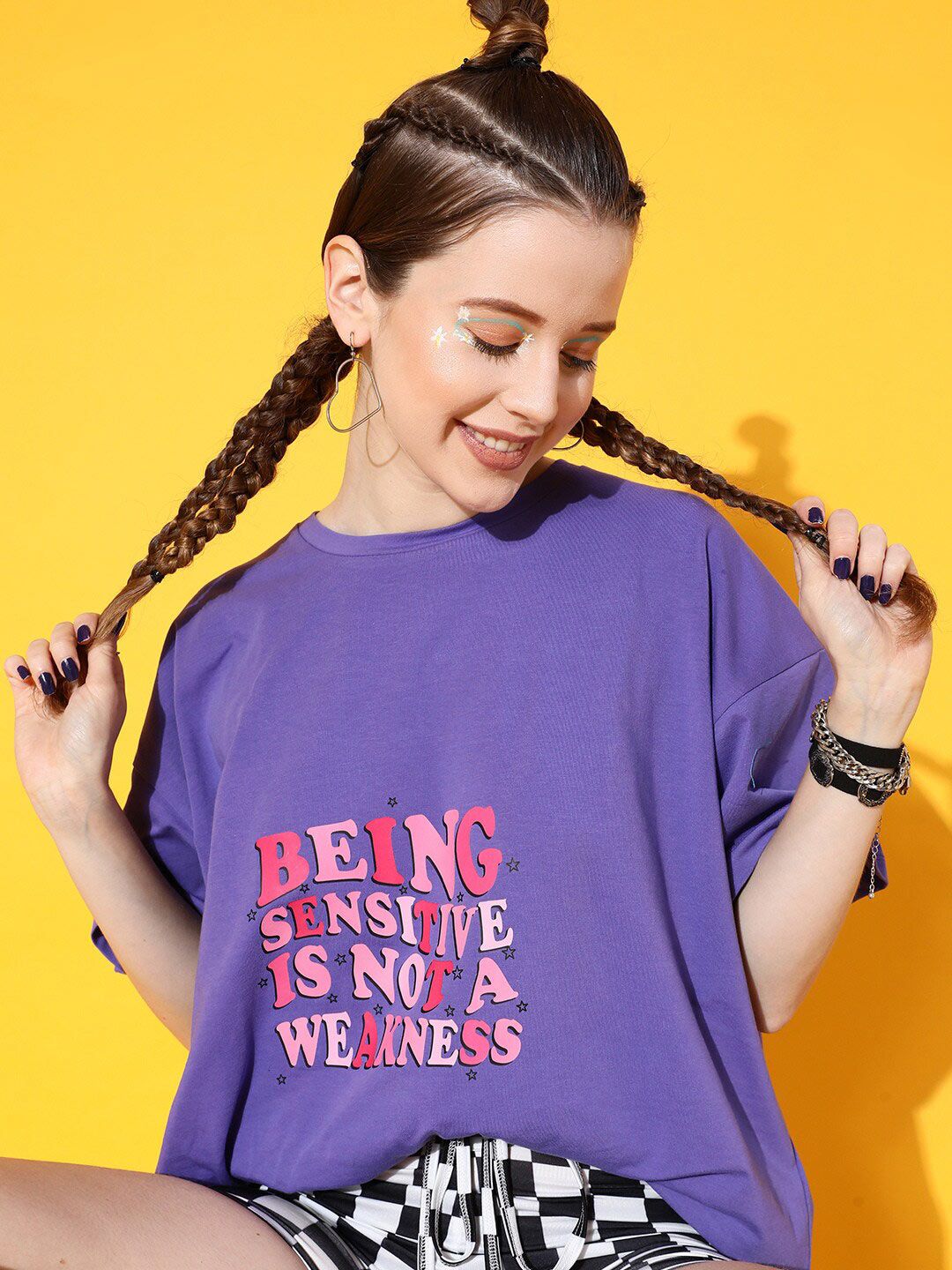 STREET 9 Women Lavender Typography Printed Drop-Shoulder Sleeves Bio Finish Oversized T-shirt