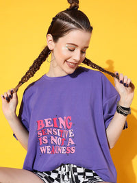 STREET 9 Women Lavender Typography Printed Drop-Shoulder Sleeves Bio Finish Oversized T-shirt