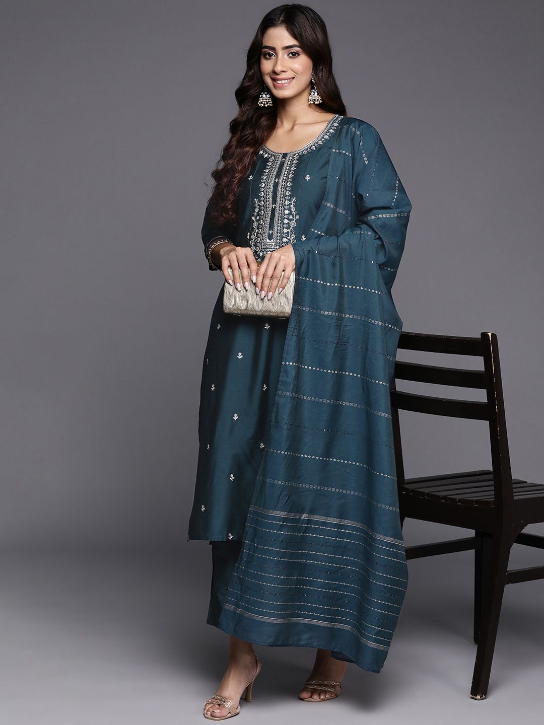 Gerua By Libas Women Blue Floral Embroidered Regular Sequinned Kurta with Trousers With Dupatta