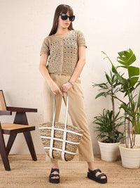 SASSAFRAS Self Design Round Neck Crochet Shirt Style Top