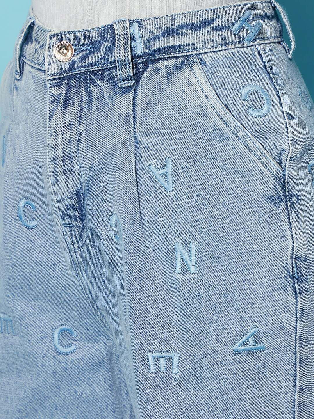 STREET 9 Women Blue Embroidered Clean Look Straight Fit High-Rise Pure Cotton Jeans