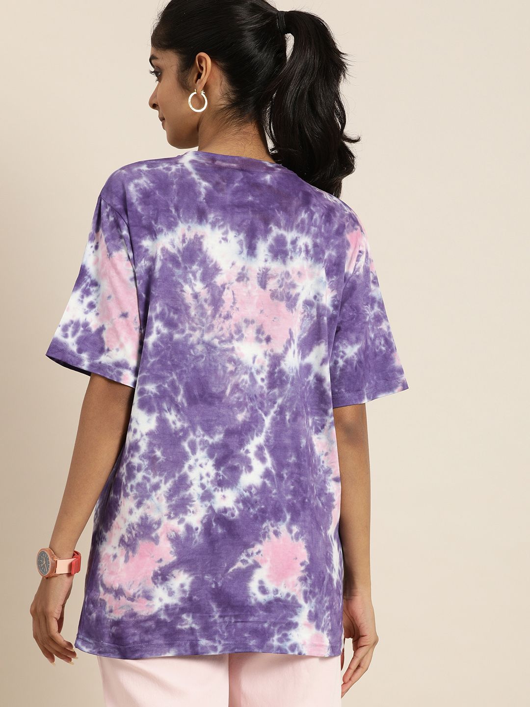DILLINGER Women Purple  White Tie and Dye Drop-Shoulder Sleeves Oversized Pure Cotton T-shirt