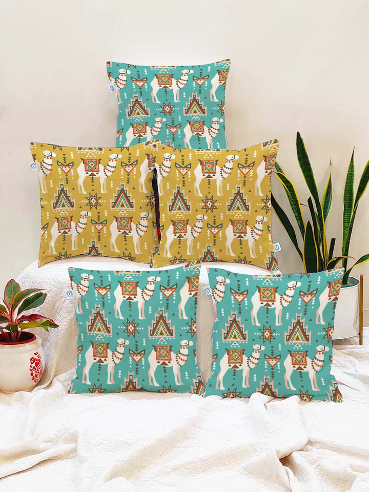 STITCHNEST Yellow & Sea Green Set of 5 Ethnic Motifs Square Cushion Covers