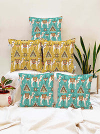 STITCHNEST Yellow & Sea Green Set of 5 Ethnic Motifs Square Cushion Covers