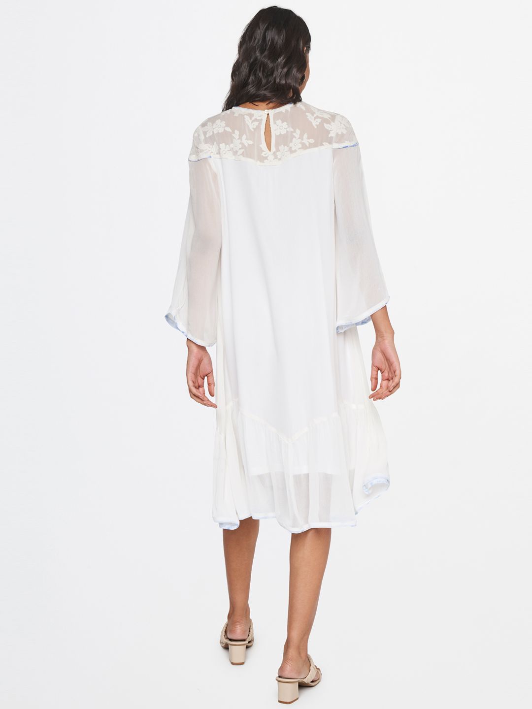AND Flared Sleeve A-Line Midi Dress with Embroidered Yoke
