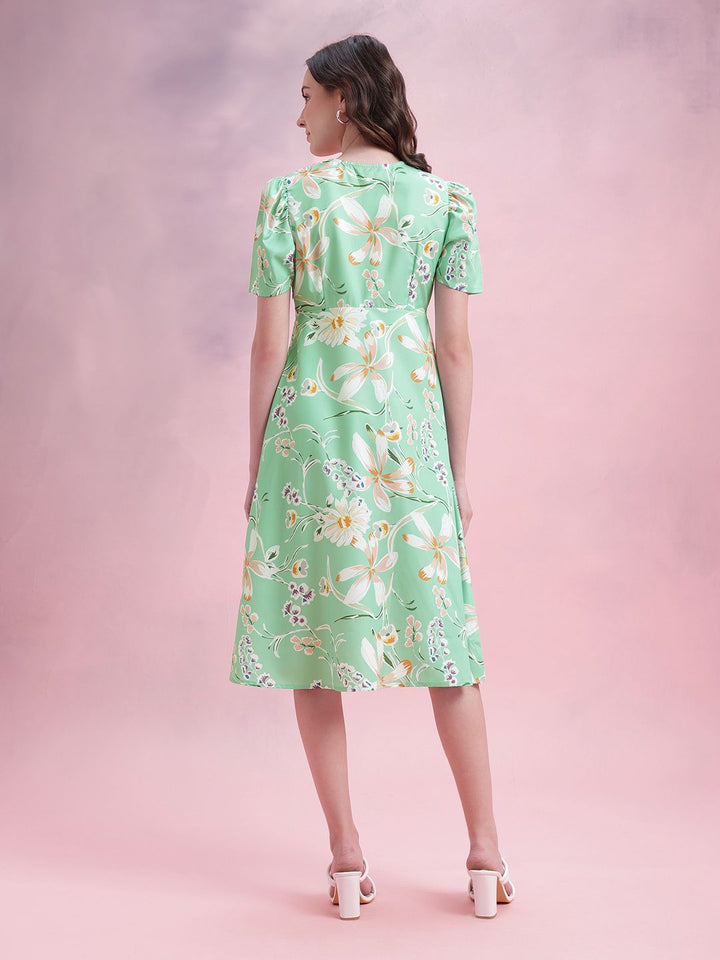 DressBerry Floral Print Puff Sleeves A-Line Midi Dress with Mock Buttons