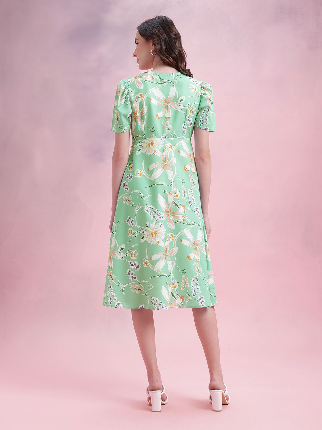 DressBerry Floral Print Puff Sleeves A-Line Midi Dress with Mock Buttons