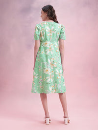 DressBerry Floral Print Puff Sleeves A-Line Midi Dress with Mock Buttons