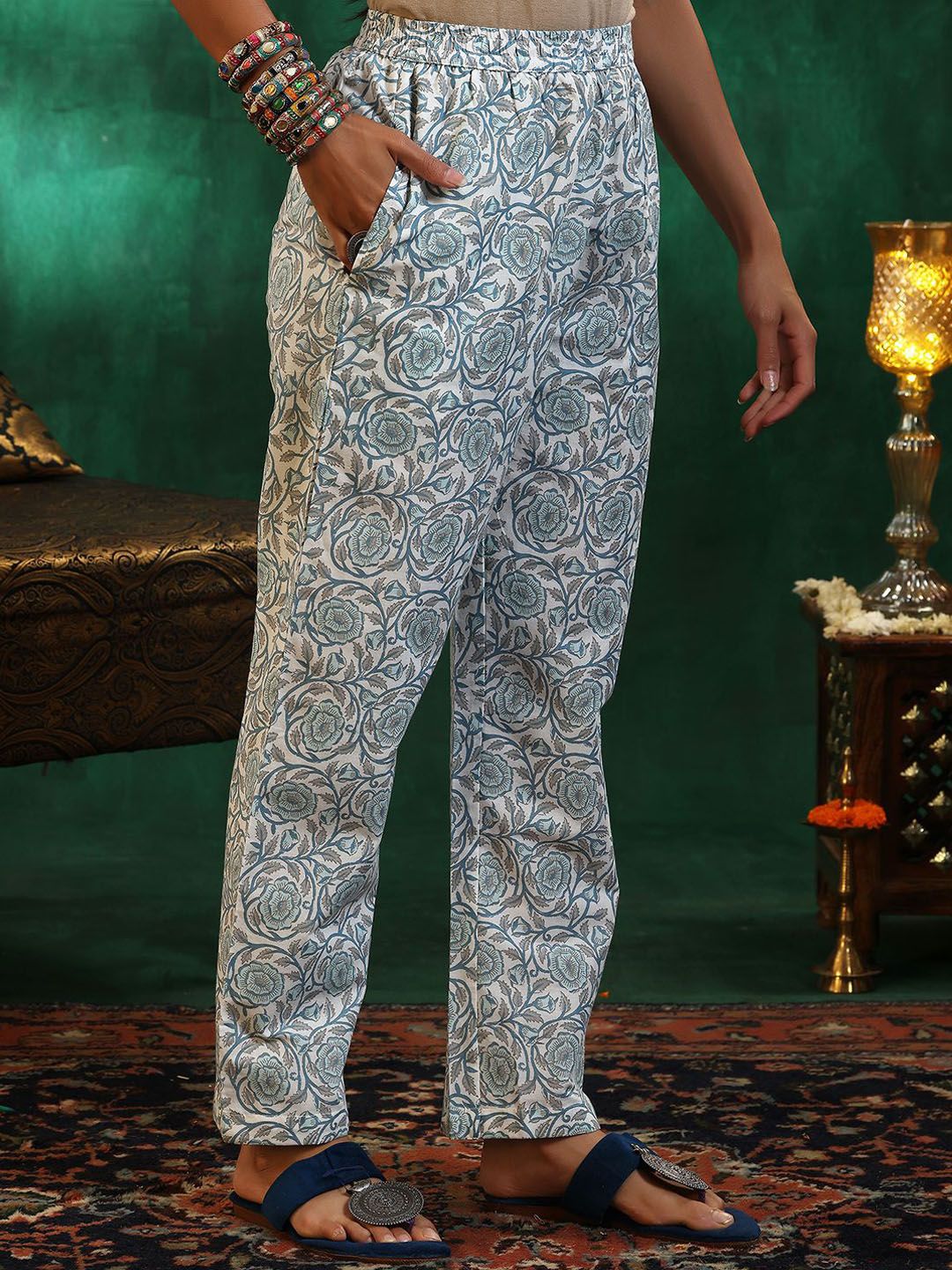 Libas Floral Printed Gotta Patti Pure Cotton Straight Kurta with Trousers & Dupatta