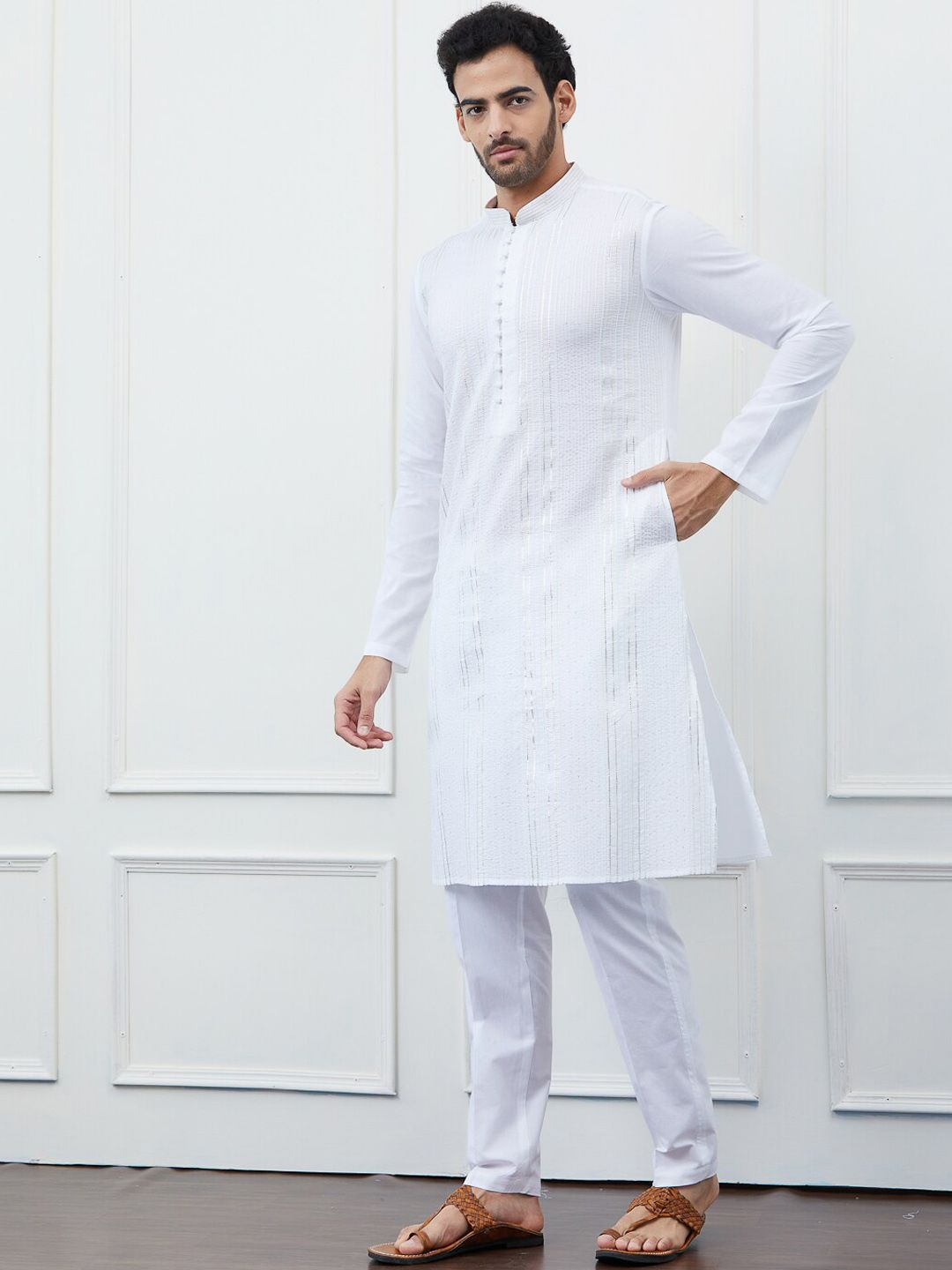 See Designs Embroidered Sequined Pure Cotton Kurta with Pyjamas
