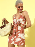 Berrylush Brown & White Floral Printed Jumpsuit