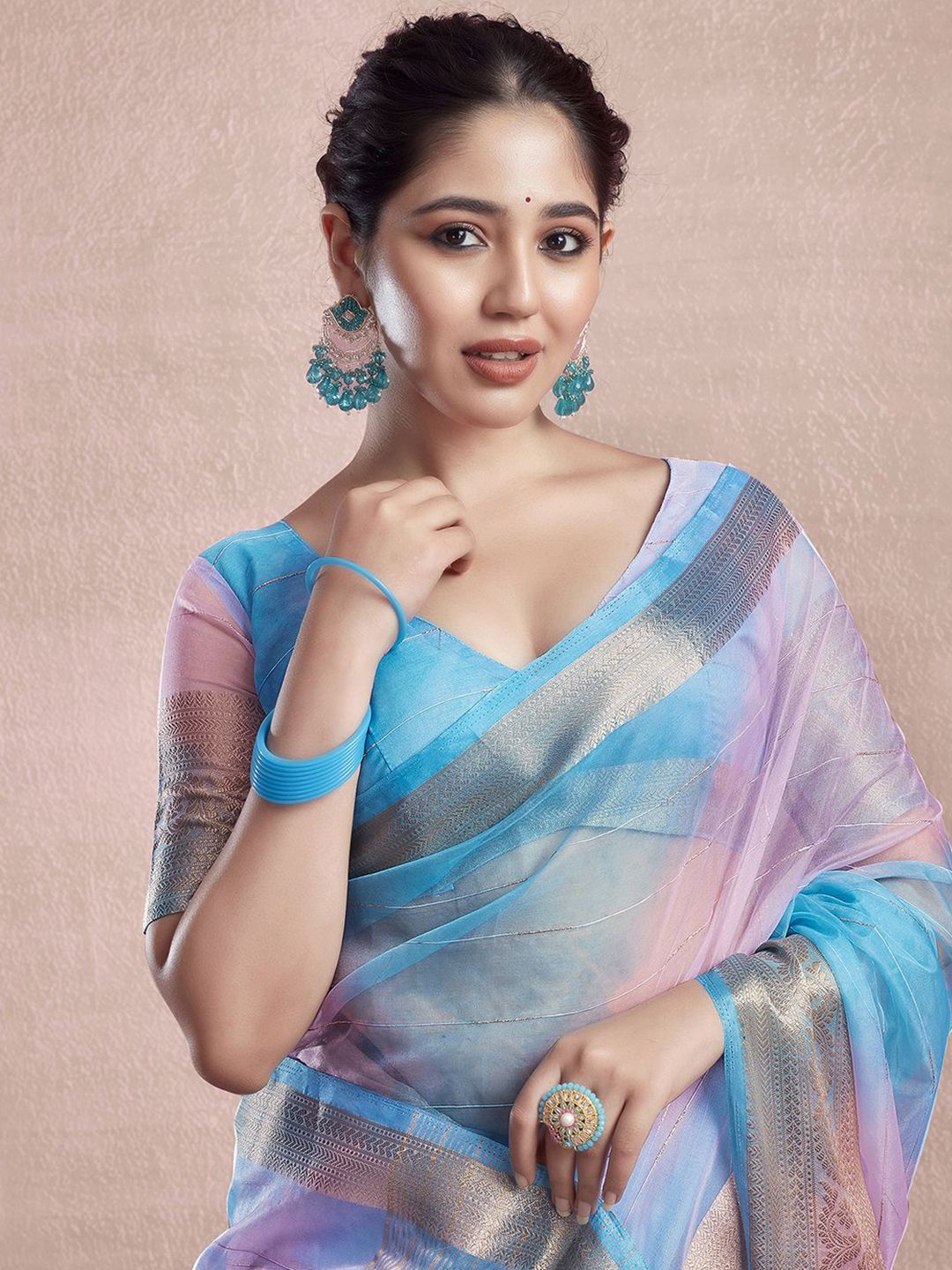 KALINI Ombre Printed Zari Organza Dabu Saree