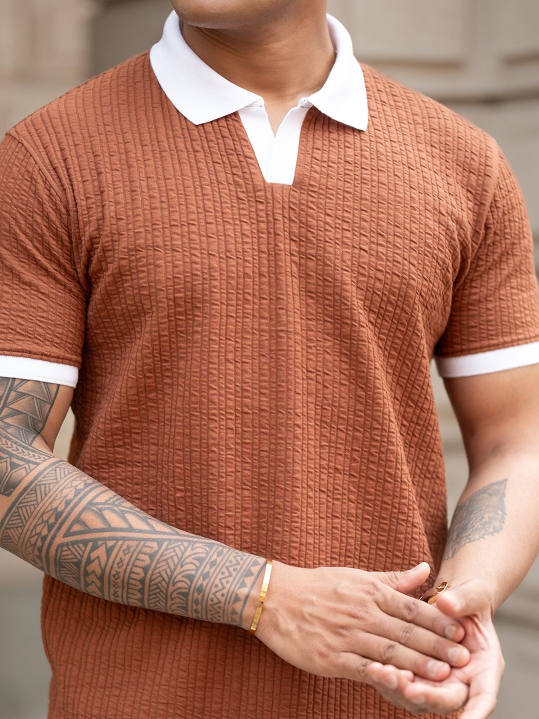 Powerlook Men Self Design Polo Collar Cotton T-shirt