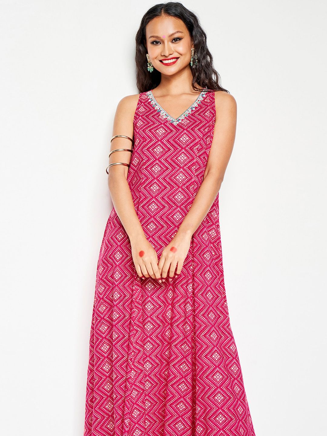 Global Desi Ethnic Printed Thread Work Fit & Flared Maxi Ethnic Dress