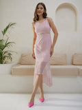 Berrylush Pink Self Design High-Low Midi Dress