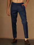 DENNISON Men Navy Blue Solid Smart Tapered Fit Easy Wash Pleated Cotton Formal Trousers