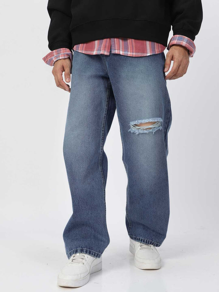 Urbano Fashion Men Pure Cotton Loose Relaxed Fit Slash Knee Heavy Fade Jeans