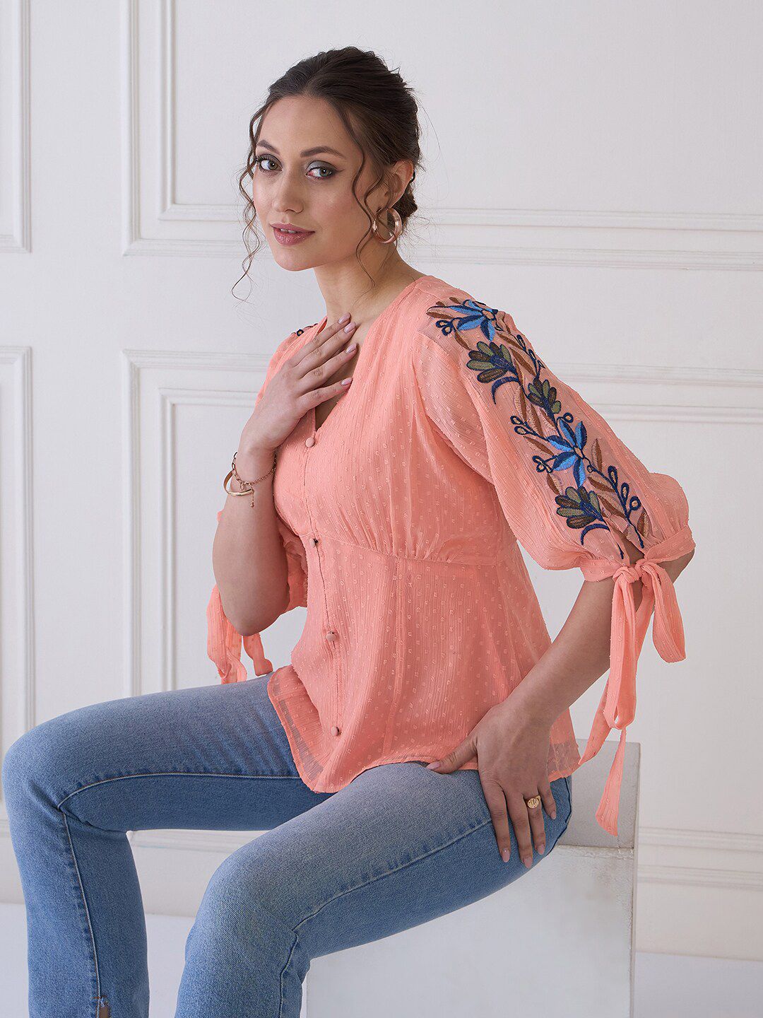 Antheaa Floral Embroidered Dobby Weave V-Neck Empire Top with Tie-Up Detail