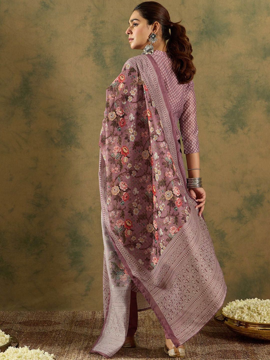 Indo Era Floral Printed Thread Work Chanderi Silk Straight Kurta with Trouser & Dupatta