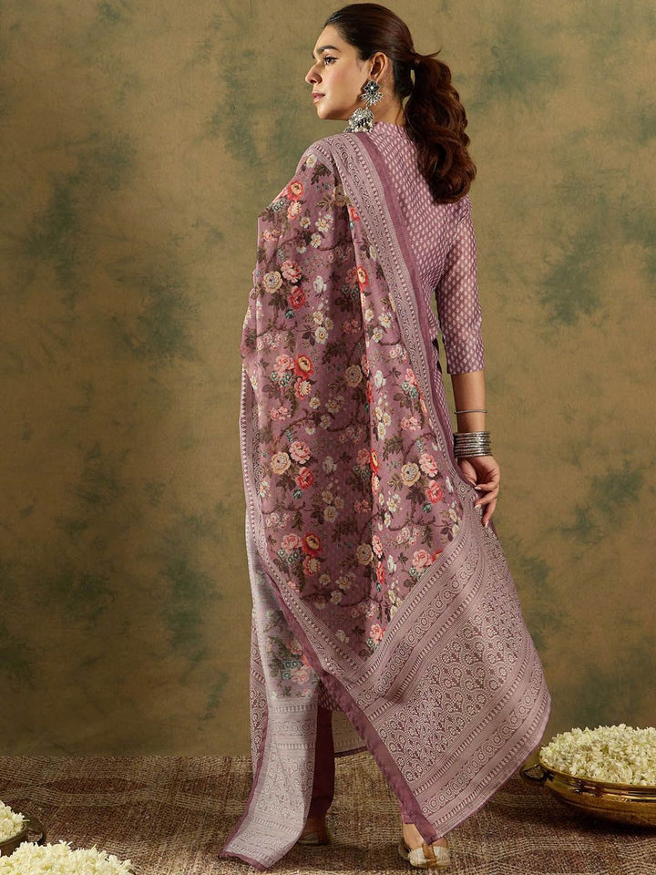 Indo Era Floral Printed Thread Work Chanderi Silk Straight Kurta with Trouser & Dupatta